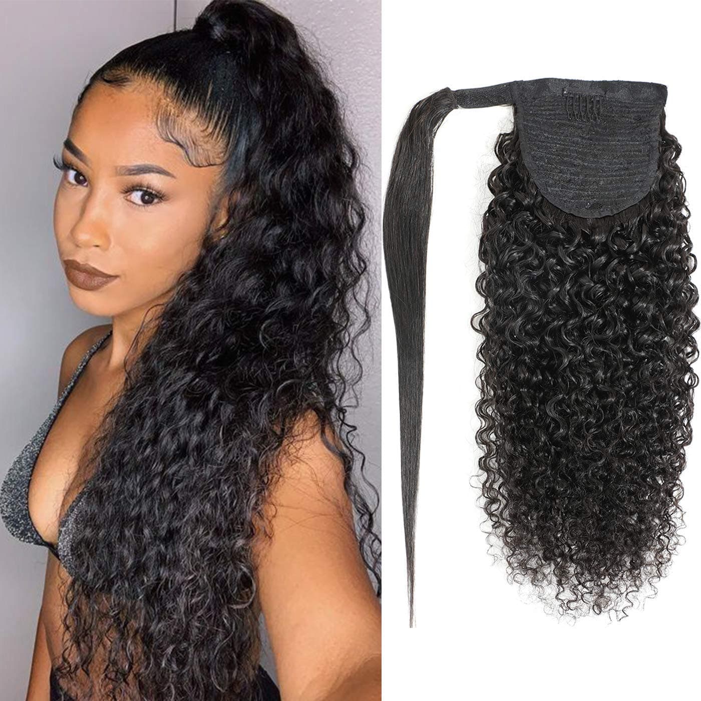 Kbeth Human Hair Ponytail Extensions Yaki Afro Kinky Straight Curly Ponytail Wrap Drawstring Human Hair Natural Color Hairpiece with Clip in Binding Pony Tail Kinky Curly 18 Inch Wrap Around