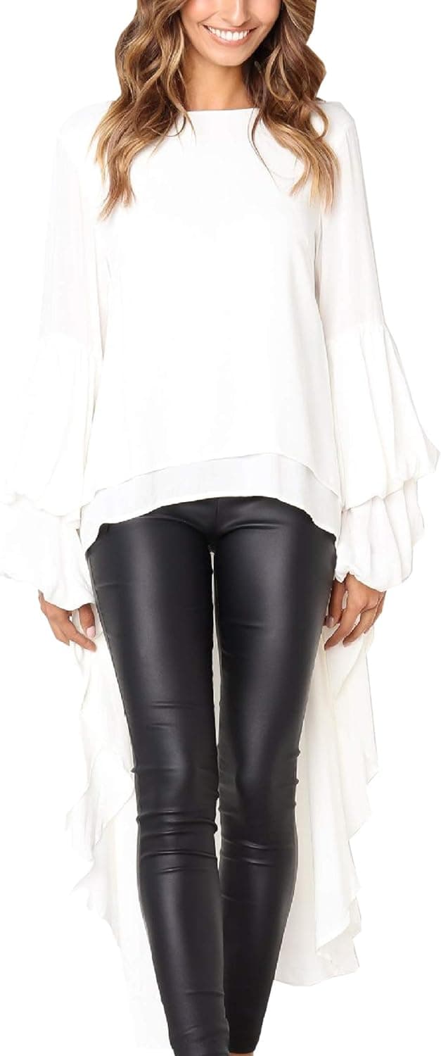 Hibluco Women's Double Layered High Low Asymmetrical Tunic Top Blouse