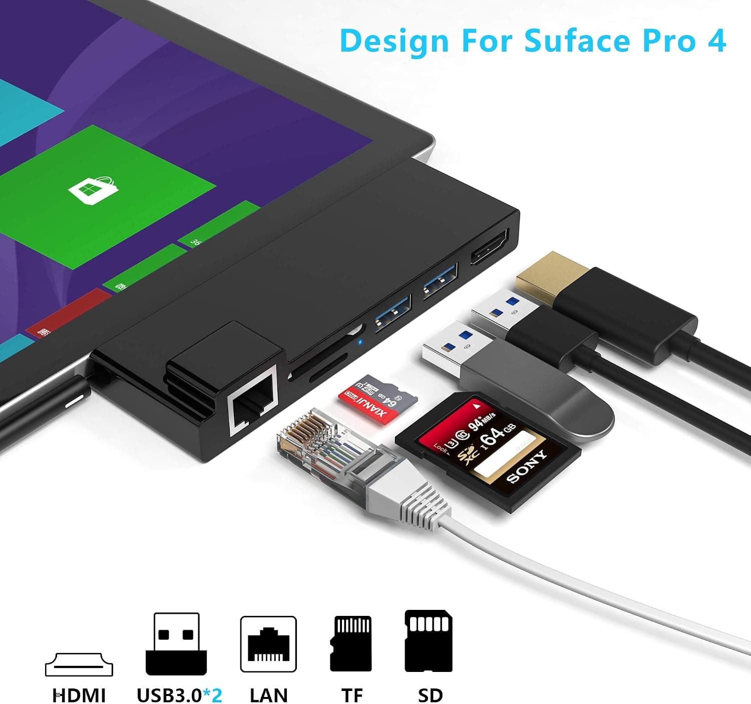 KETAKY Microsoft Surface Pro 4 USB 3.0 Hub Docking Station with Gigabit 1000Mbps Ethernet Port, 4K HDMI, 2 x USB 3.0 Ports, SD/Micro SD Card Reader for Surface Pro 4 2015 Microsoft Surface Dock