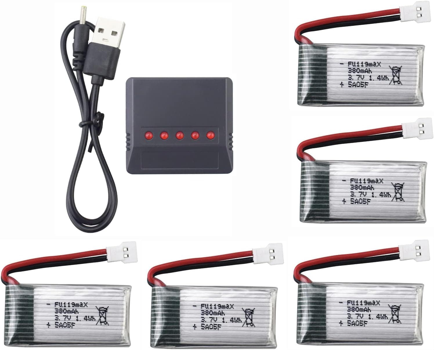 sea jump 5PCS 3.7V 380mAh Battery+Charger for X4 H107,H107C,H107L, X11 X11C,HS170 HS170C F180C HS170G TOZO Q2020 E016H E016F FX801 V911S A120 XK A150 V966