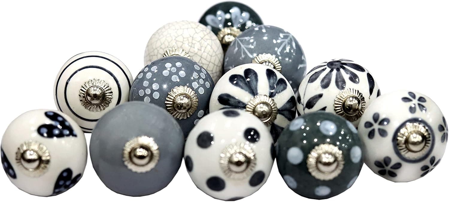 Ceramicworlds 12 Pieces Vintage Ceramic Grey and white Knobs Pack Cabinet Knobs Drawer Pull Decorative Painted Knobs Kitchen Furniture Drawer Pulls for Home, Kitchen, Bathroom or Office