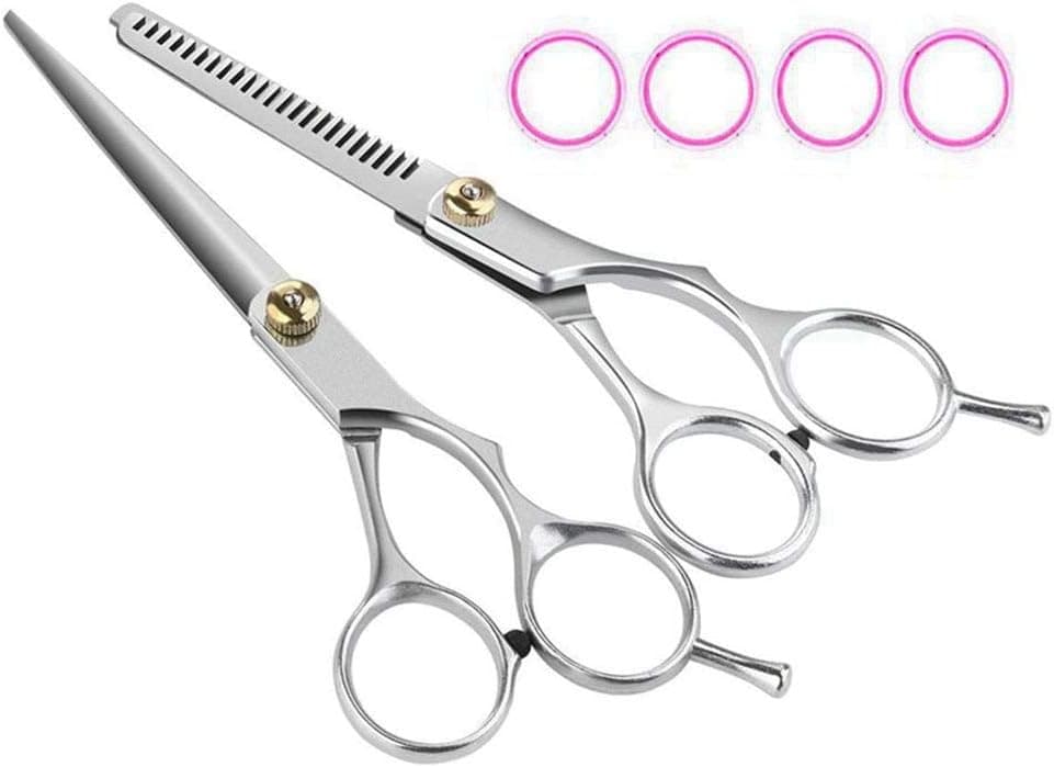 ANDUS Hair Cutting Scissors, 6.3" Straight Edge Razor Sharp Scissor + 6.1" Hair Thinning Shears with 1 Hair Clip and 4 Detachable Finger Rings, for Barber Salon and Home