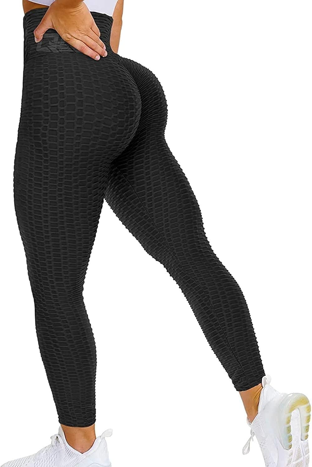 QOQ Women's High Waist Yoga Pants Tummy Control Slimming Textured Booty Leggings Running Workout Ruched Butt Lift Pants