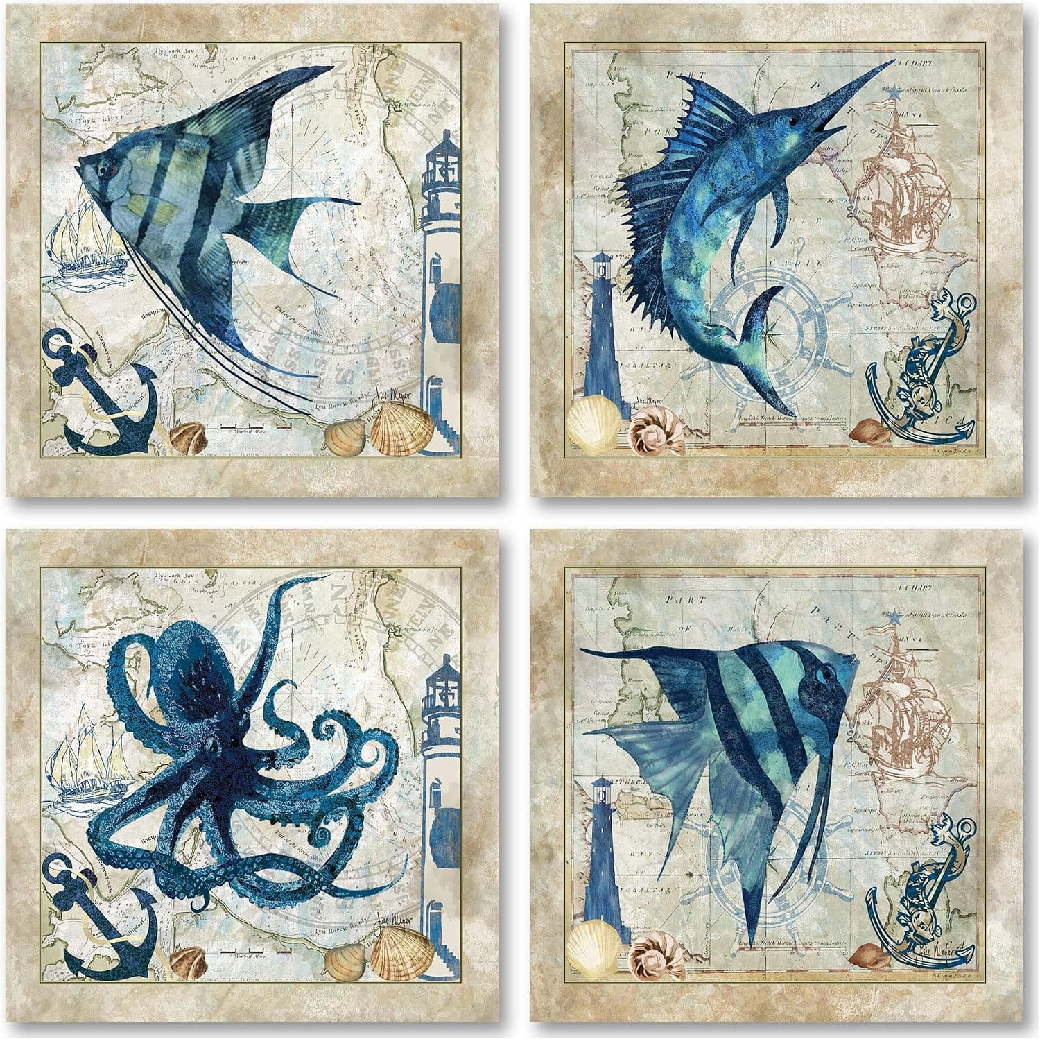 Classic Nautical Octopus, Swordfish, Tropical Fishes Prints; Set of 4 Posters Each 12x12