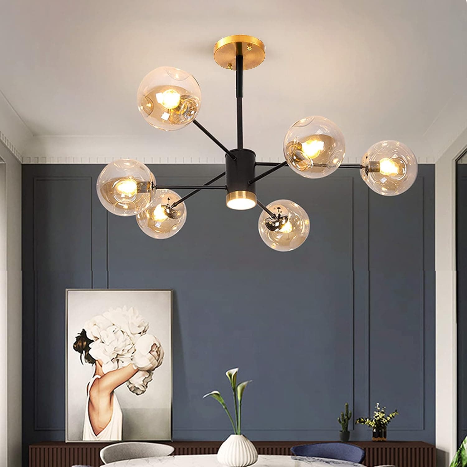 Modern Semi Flush Mount Ceiling Light - 6 Lights Globe Mid Century Chandelier, Gold & Black Sputnik Light Fixture for Dining Room Kitchen Living Room,G9 Bulbs (Not Included)