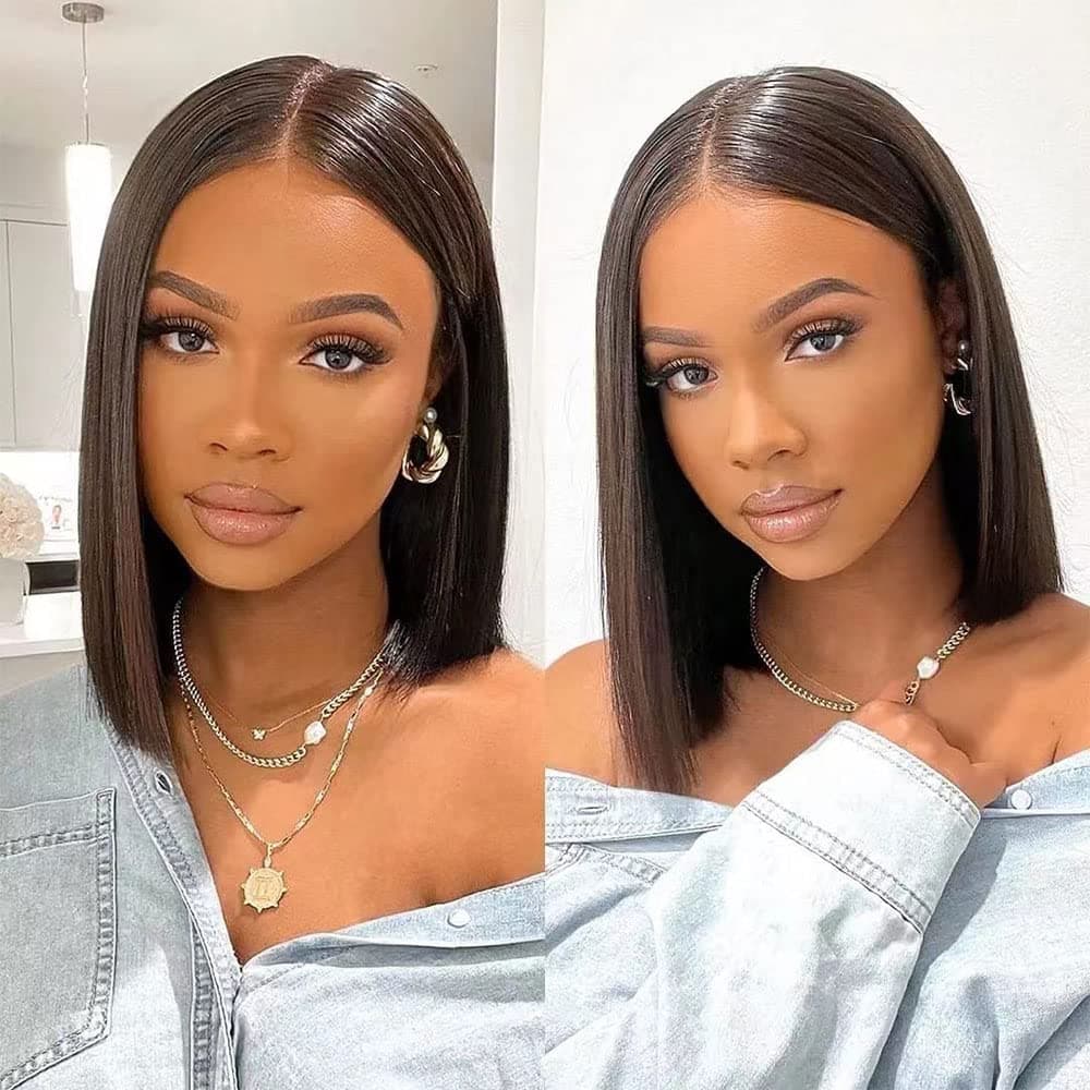 PURELEOR 12'' Black Straight Bob Wig Short Synthetic Hair for White Black Women