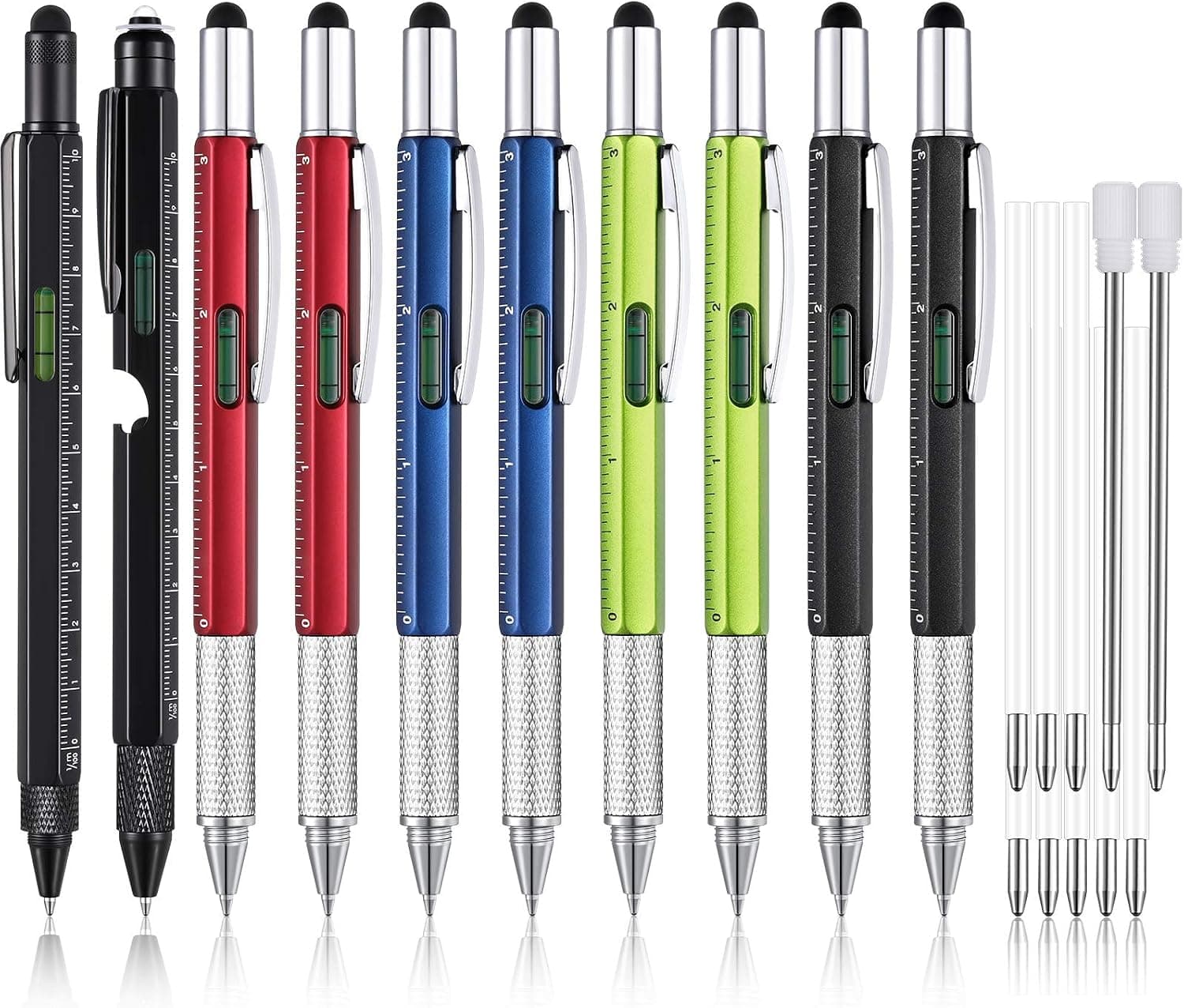 10 Pieces Multitool Pen Set, 9 Pieces 6 in 1 and 9 in 1 LED Light Touchscreen Multifunctional Stylus Pen with Ruler Level Bottle Opener Screwdriver, 10 Refills for Men (Blue, Red, Green, Black)