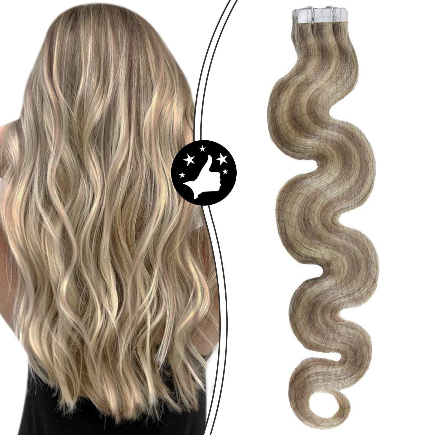 Moresoo Tape in Hair Extensions Human Hair Balayage Ash Blonde Highlight with Bleach Blonde Wave Seamless Skin Weft Glue on Hair for Women Remy Soft Hair 12 Inch #P18/613 BW 30G/20pcs