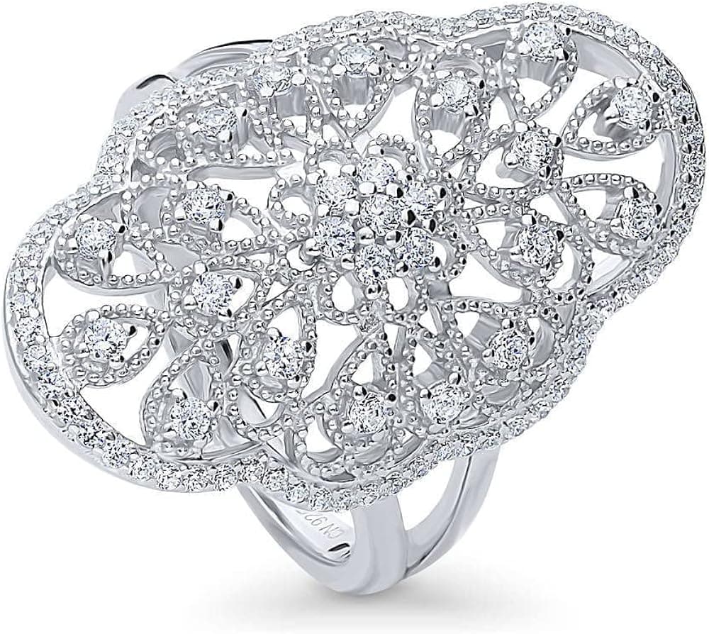 BERRICLE Sterling Silver Flower Cubic Zirconia CZ Statement Navette Cocktail Fashion Ring for Women, Rhodium Plated Size 4-10