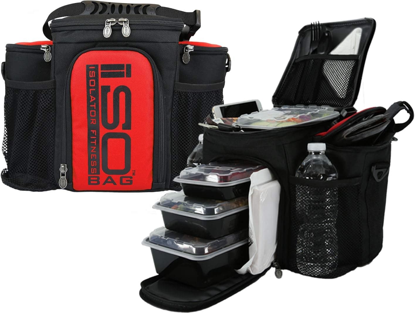 Isolator Fitness 3 Meal ISOBAG Meal Prep Management Insulated Lunch Bag Cooler with Stackable Meal Prep Containers, ISOBricks, and Strap - MADE IN USA (Black/Red Accent)