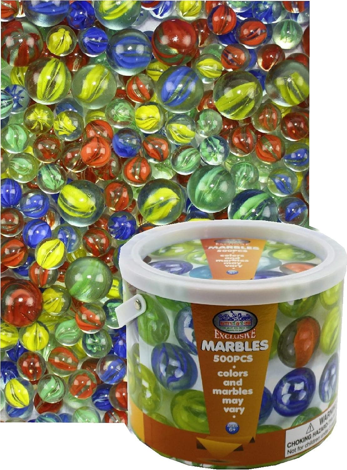 Deluxe 500 Pieces (7.5 Pounds) of Cat's Eyes Marbles & Shooters with Exclusive Matty's Toy Stop Storage Bucket