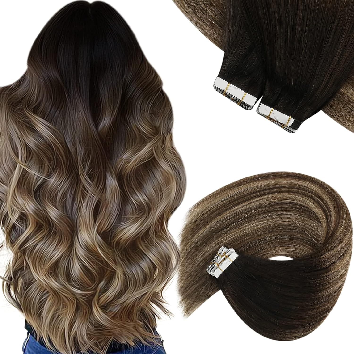 Sunny Ombre Tape in Hair Extensions Black Roots Dark Brown with Ash Brown Tape in Human Hair Extensions Seamless Black Ombre Tape in Hair Extensions Human Hair Silky Straight 20inch 50g 20pcs