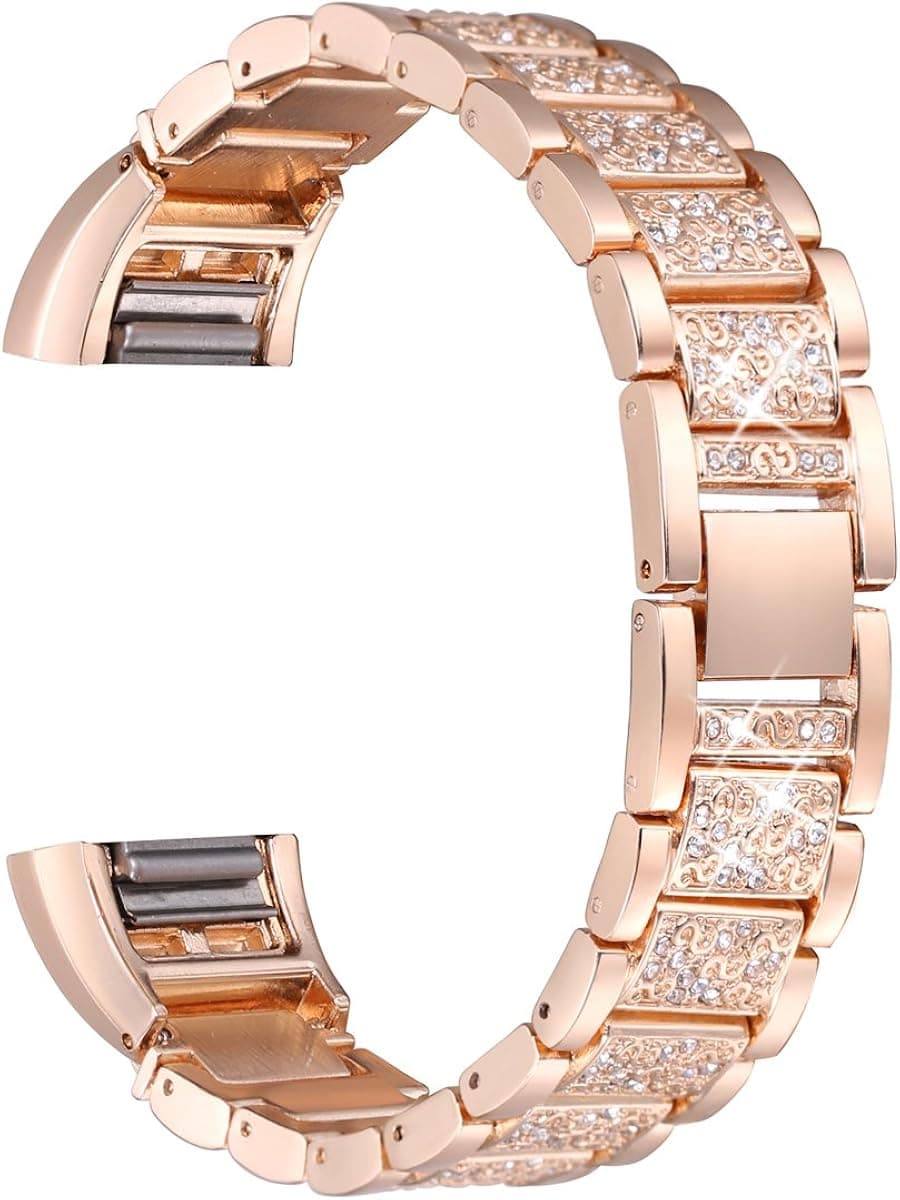 bayite Bling Bands Compatible Fitbit Charge 2, Replacement Metal Bands with Rhinestone Bracelet, Rose Gold