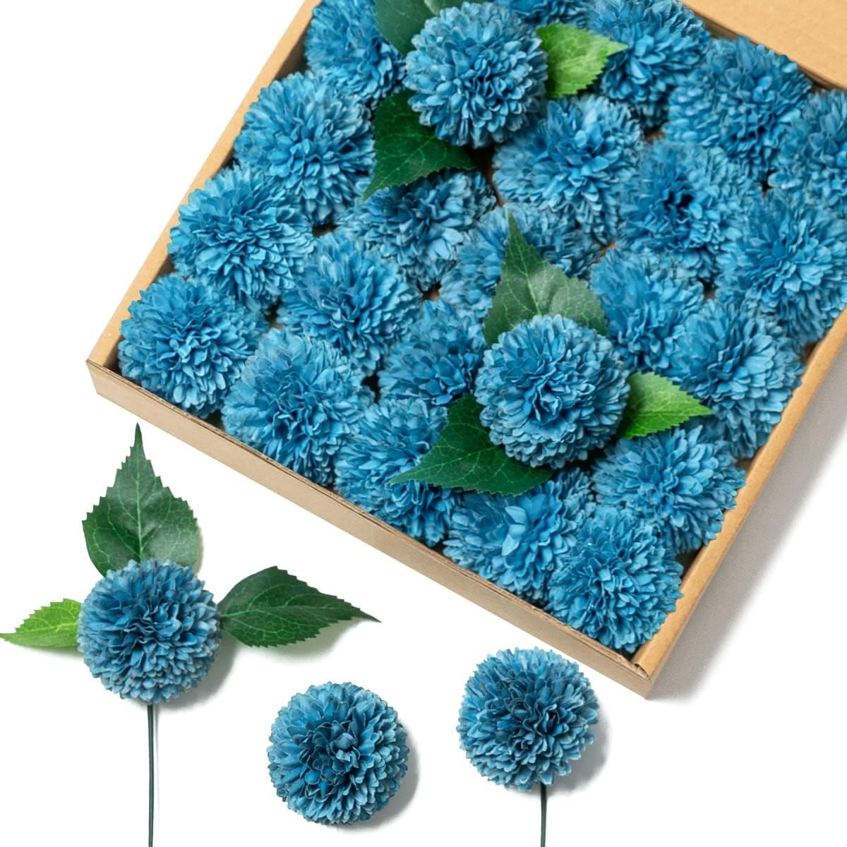 Kisflower 25pcs Artificial Flowers Blue Fake Silk Dahlia Chrysanthemum Ball Flowers Box Set for DIY Bridal Wedding Bouquets Centerpieces Arrangements Decor (Peacock Blue)