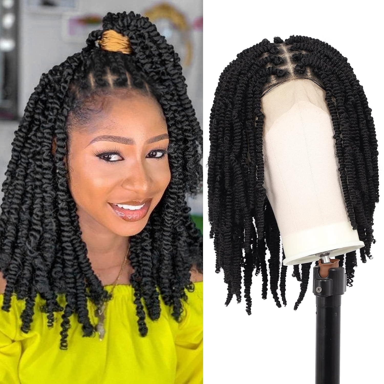 Fecihor 16" Full Double Lace Braided Wigs Knotless Spring Twisted Braids Wigs Passion Twist Wigs For Black Women Synthetic Lace Front Black Bob Braid Hair Wigs With Baby Hair