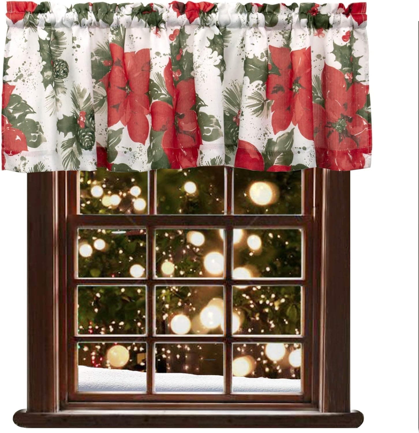 VORTTA Christmas Valance Curtains for Kitchen Water Repellent Valance with Red Flower Print for Holiday Decoration, 60 x 16 inch
