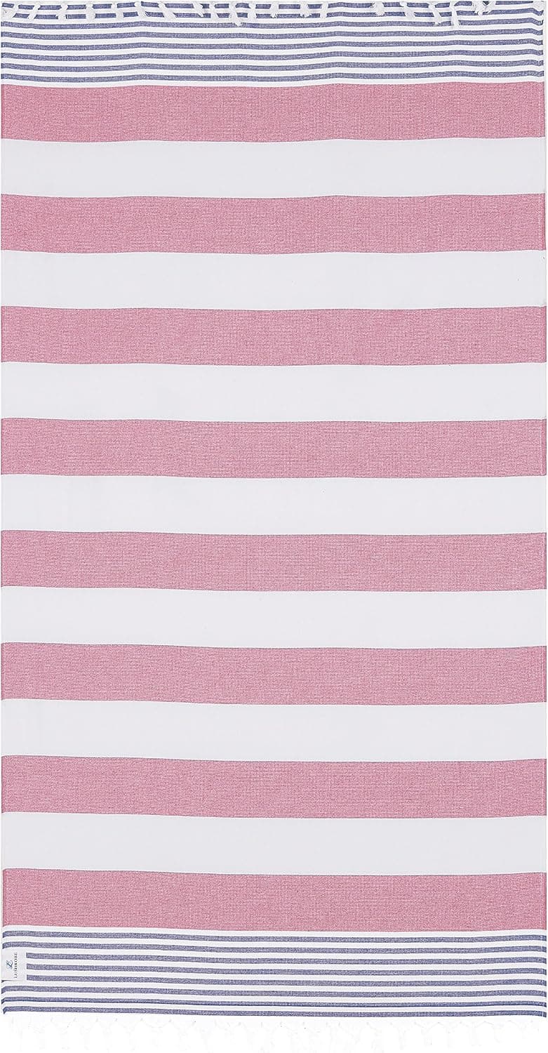 Lushrobe Terry Beach Cotton Towel - Lightweight and Large Peshtemal with Tassels for Bath Pool Travel Unisex - 68" L x 37" W (Denim/Hot Pink)