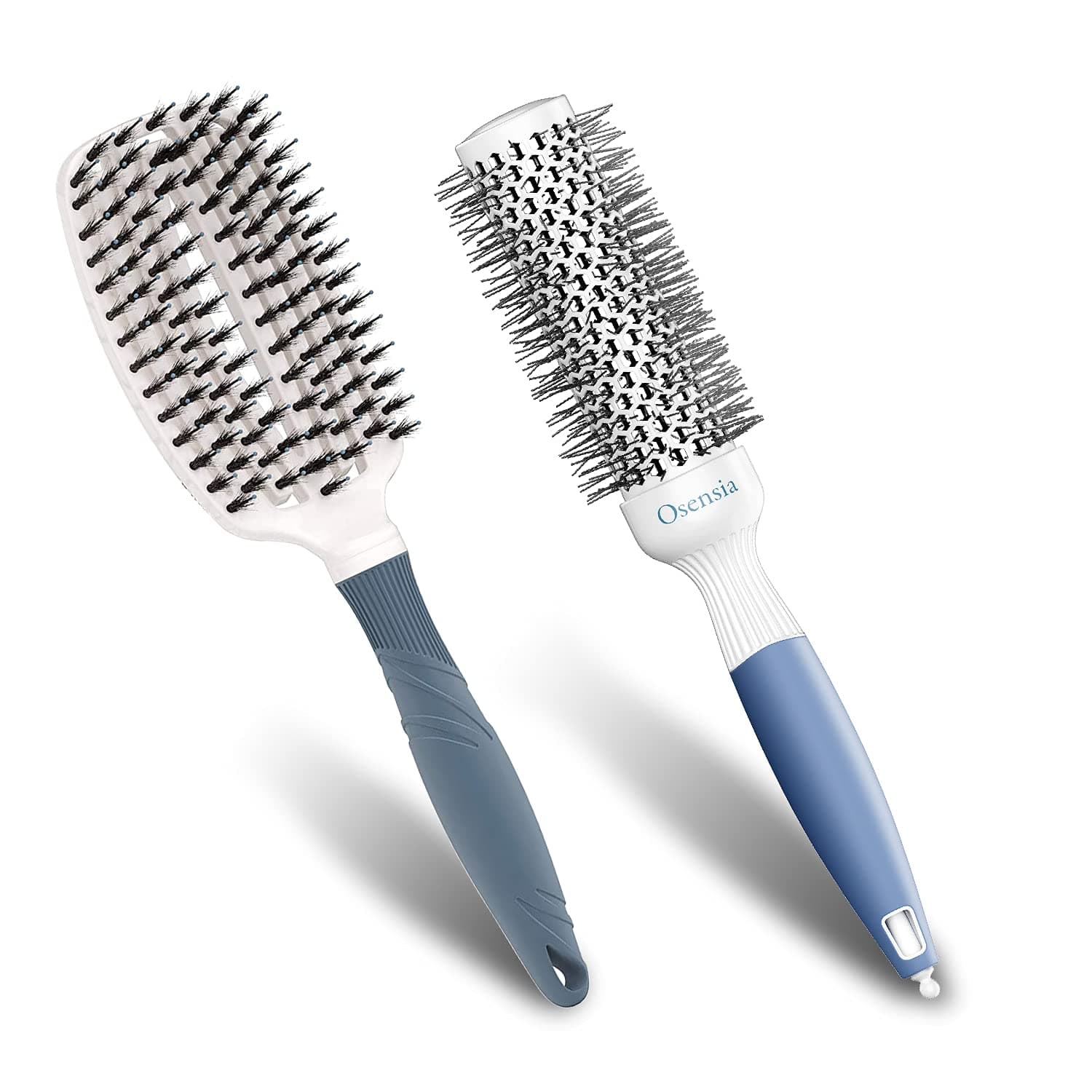 Hair Brush Set - Professional Round Brush and Detangling Brush - Ceramic Ion Thermal Barrel Brush - Pain Free Natural Boar Bristle Hair Brush for Kids, Women, and Men (1.7 inch)