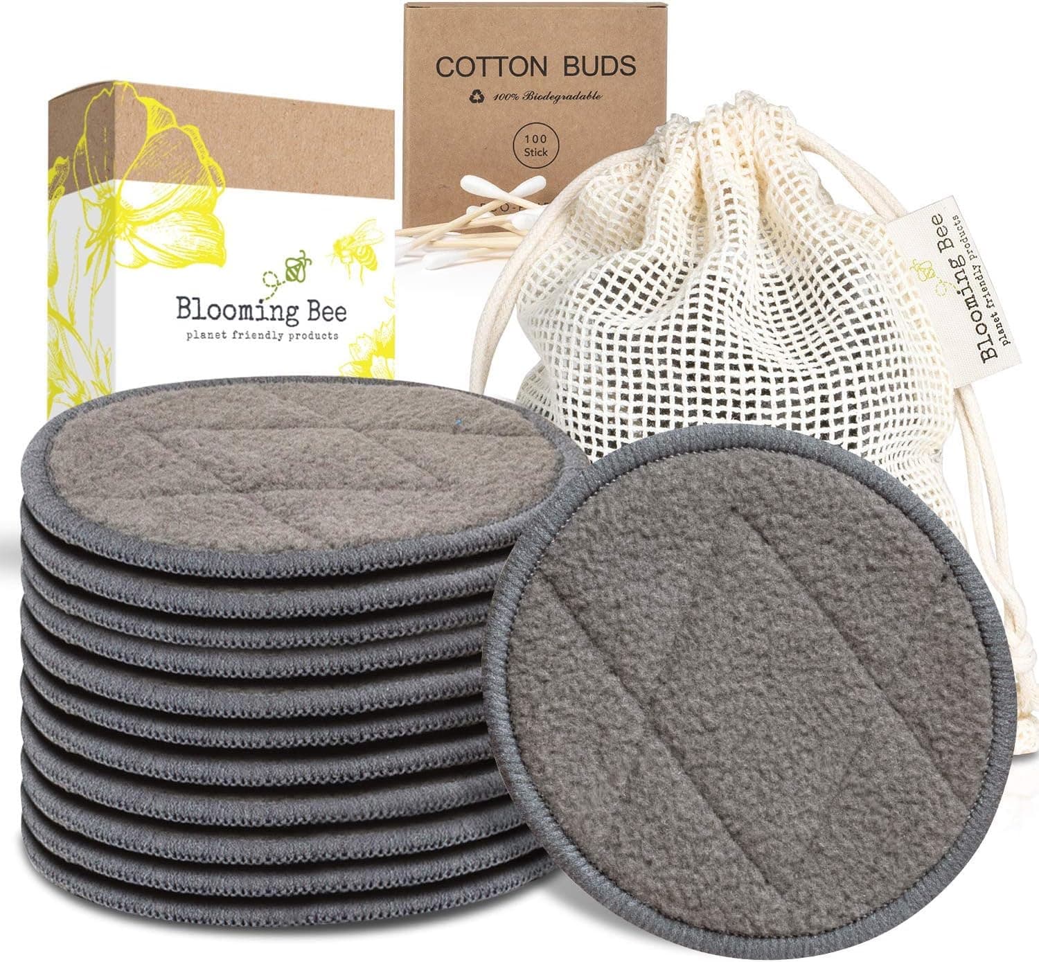 BLOOMING BEE 12 Charcoal Bamboo Reusable Makeup Remover Pads with Laundry Bag (+ 100% Biodegradable Cotton Bamboo Earbuds 100 pcs)|Planet Friendly Reusable Face Rounds Made from Bamboo and Cotton