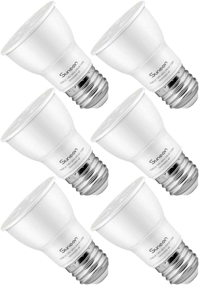 SUNEON Par16 Led Bulbs Warm White 2700k 7.5w 75watt Equivalent Dimmable 530Lumen - 120v E26 Base with UL-Listed (6-Pack)