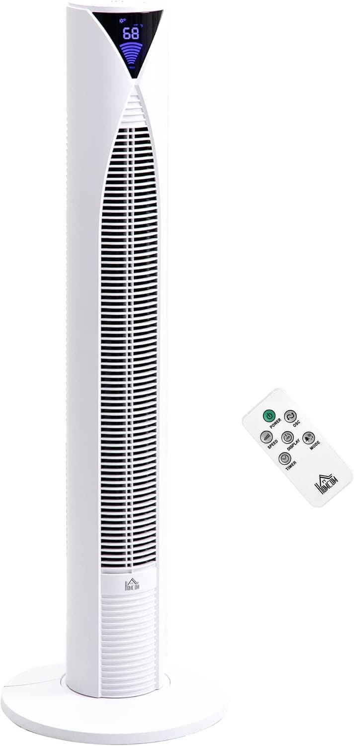 HOMCOM 37.75" 70° Oscillating Tower Fan Cooling for Bedroom with 3 Speeds, 12H Timer, LED Panel, and Remote Control, White
