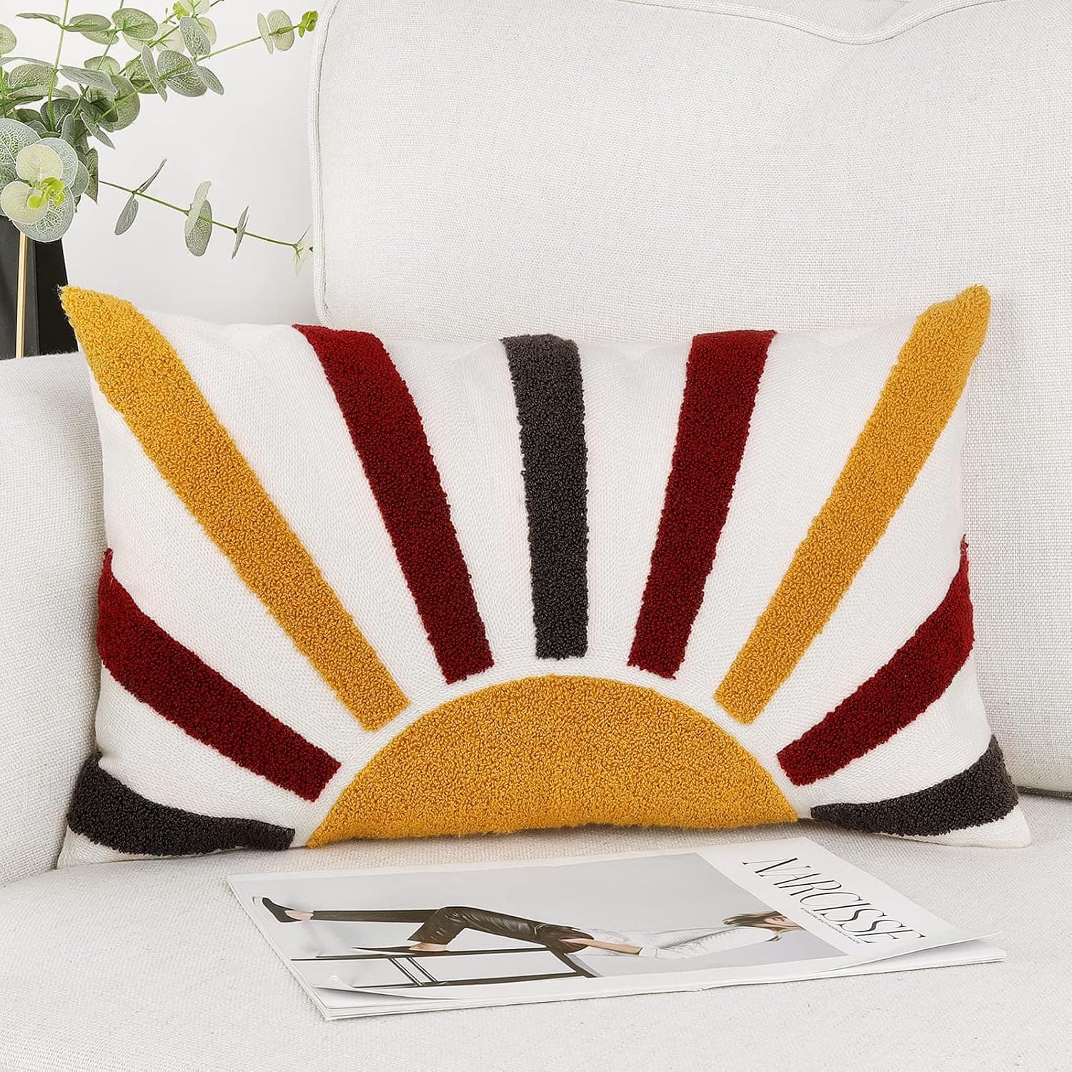 OJIA Lumbar Decorative Throw Pillow Cover, 12×20 Boho Pillow Case, Colorful Sun Tufted Pillow Cushion Cover for Couch Sofa Living Room Bedroom 1 Pack