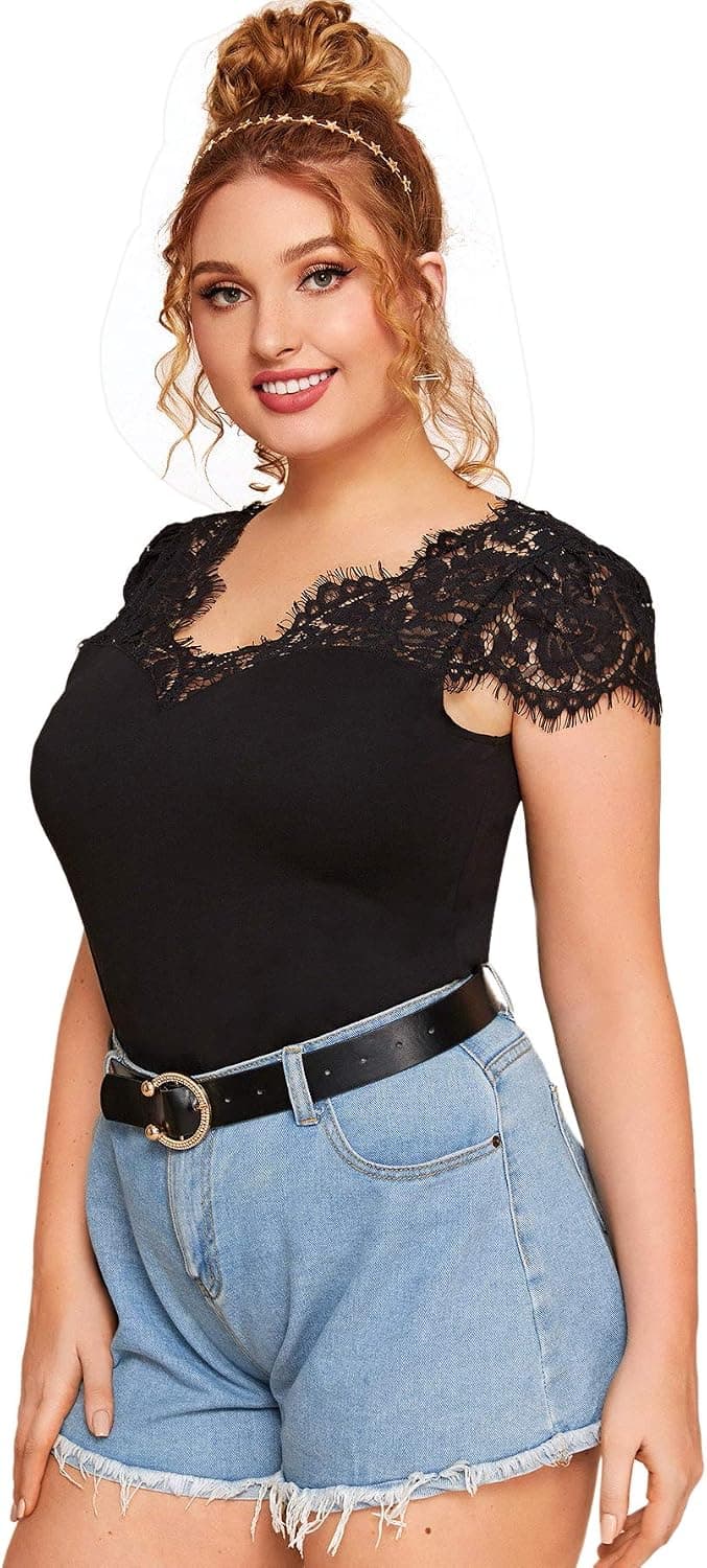 Romwe Women's Plus Size Contrast Lace Cap Sleeve V Neck Slim Fit Tops Blouse Shirts