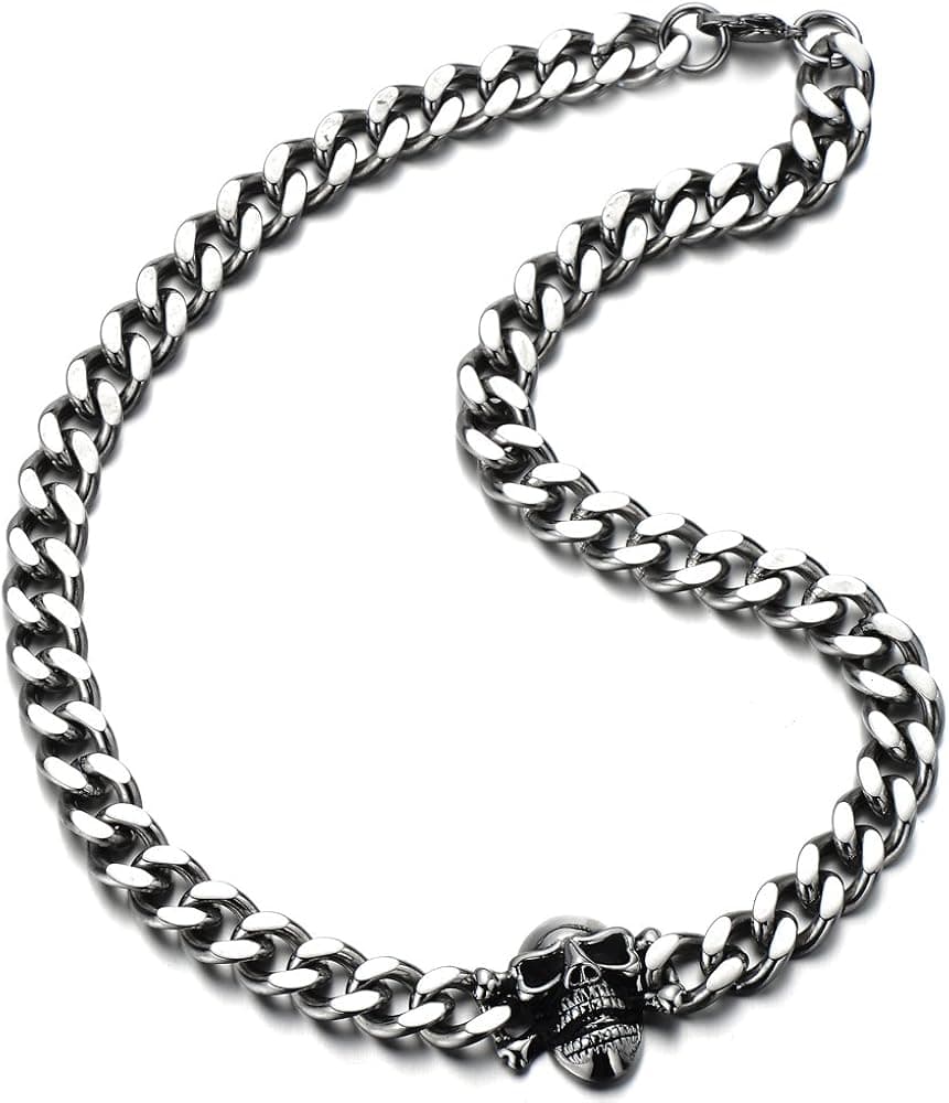 Mens Stainless Steel Curb Chain Skull Necklace Gothic Style