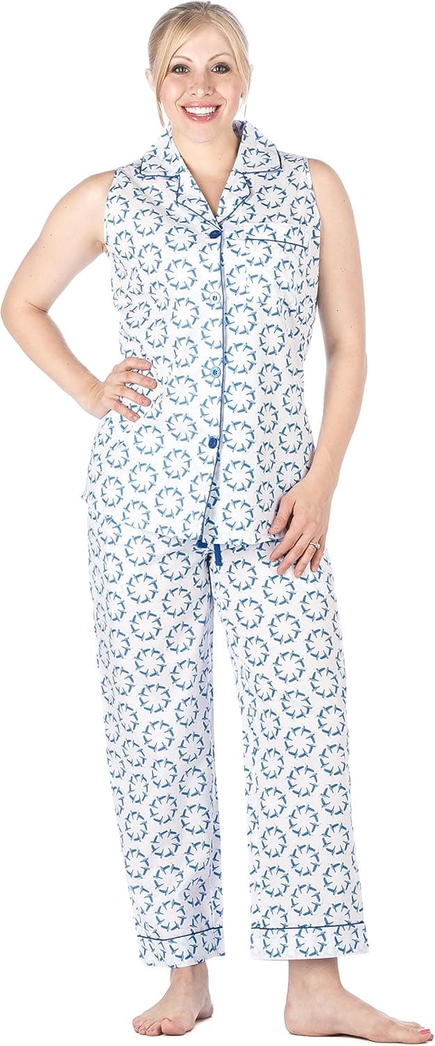 Noble Mount Womens Premium 100% Cotton Poplin Sleeveless Pajama Set