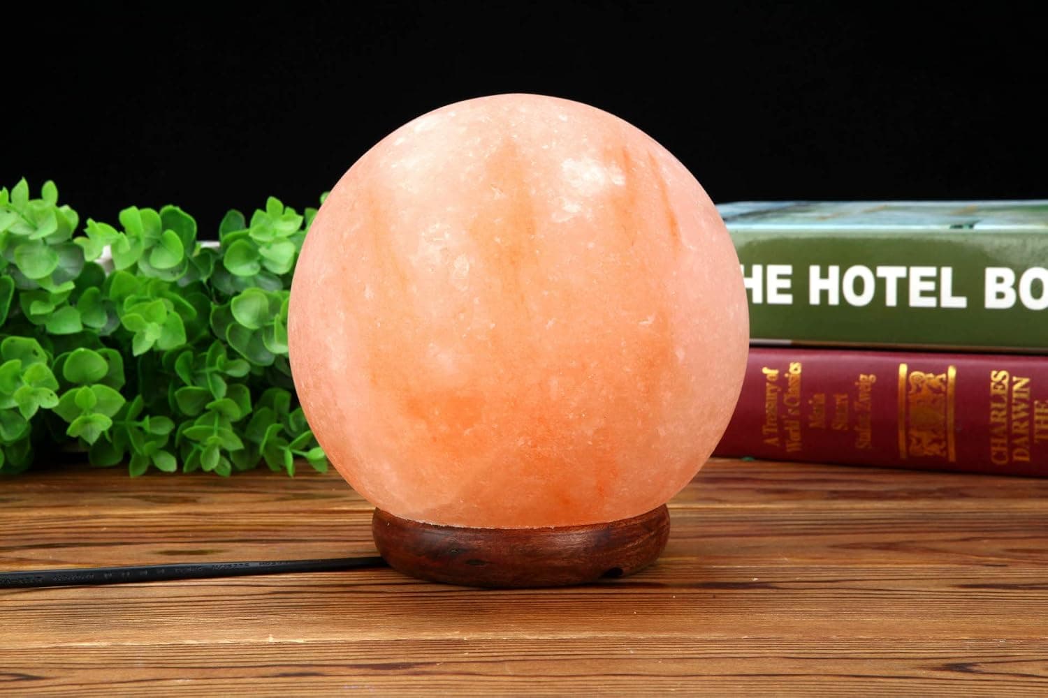 Himalayan Salt Lamp Natural Crystal Hymalain Rock Lamps for Decoration, Gifts, Home, Air Purifying, Office, Indoor & Outdoor Use, Dimmer Cord with Wood Base | Round Stone