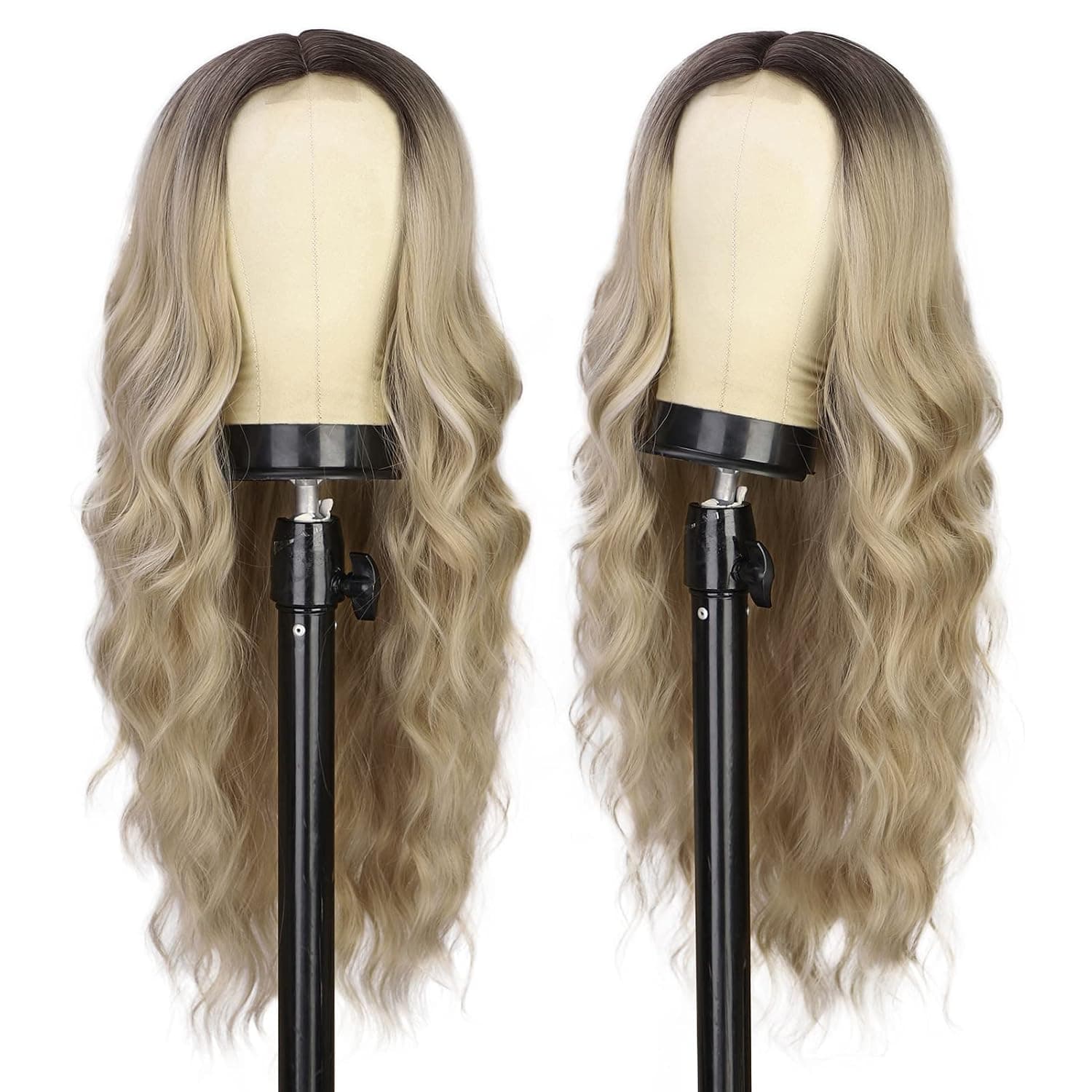 Earfodo Long Blonde Wigs for Women Long Wavy Wigs Natural Looking Ombre Blonde Wig Dark Roots Middle Part Heat Resistant Fiber Synthetic Wigs for Daily Party Use 24 inch