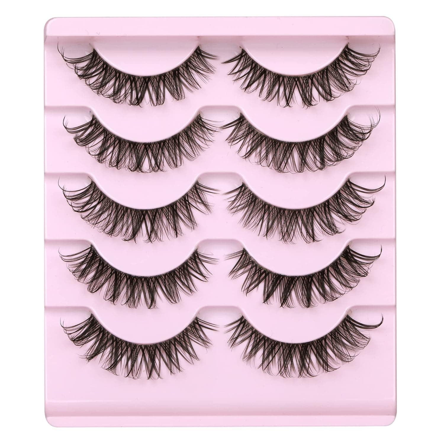 Lanflower Eyelashes Natural Look Cat Eye Clear Band DD Curl Russian Strip Lashes Wispy Tapered End 5 Pairs False Lashes Pack