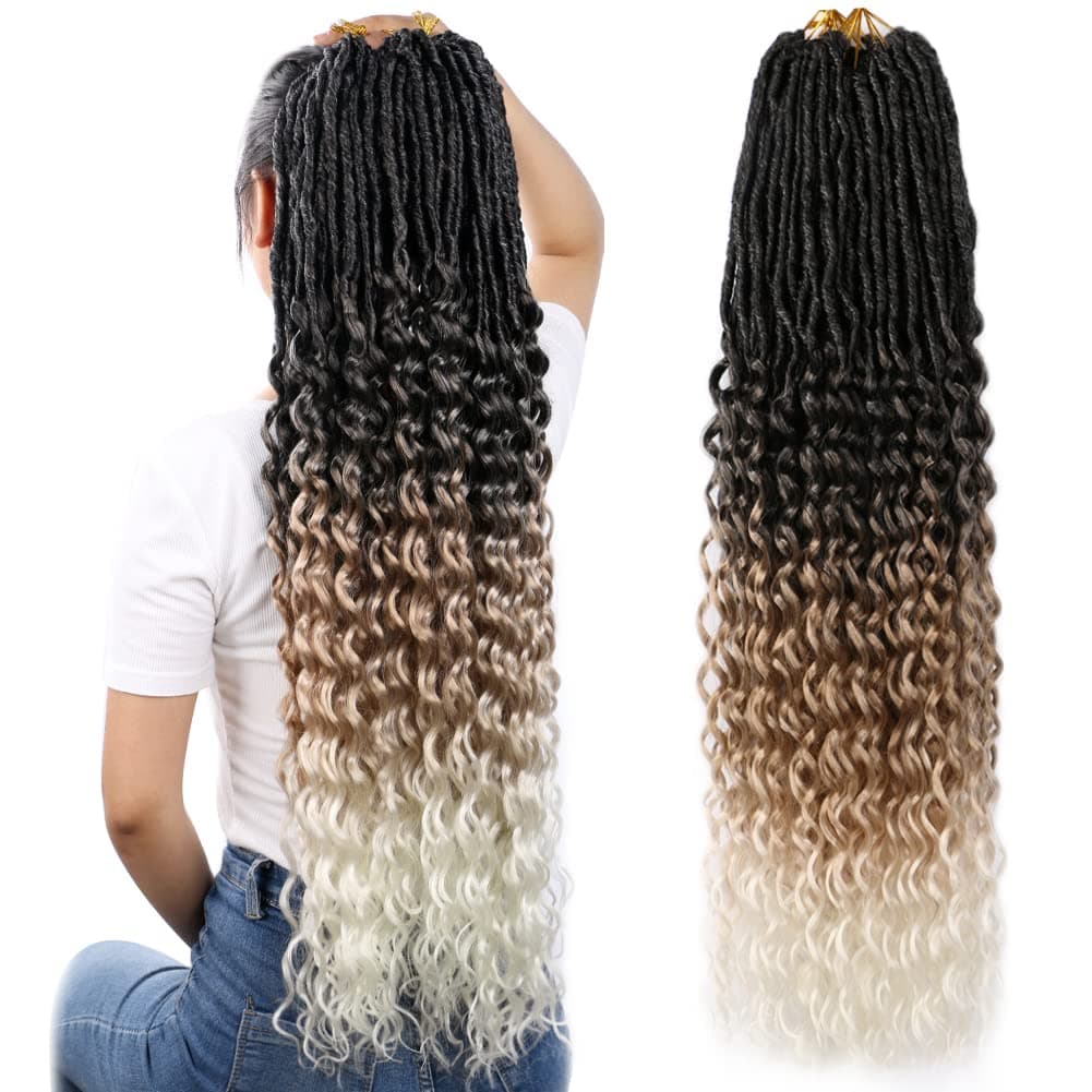 JVILO Goddess Locs Curly Ends 30Inchs 8Packs Synthetic Faux Locs Crochet Hair With Curly Ends New Soft Locs Crochet Hair Deep Wavy Crochet Locs Hair Extensions (T1B/27/613, 30Inch 8Packs)