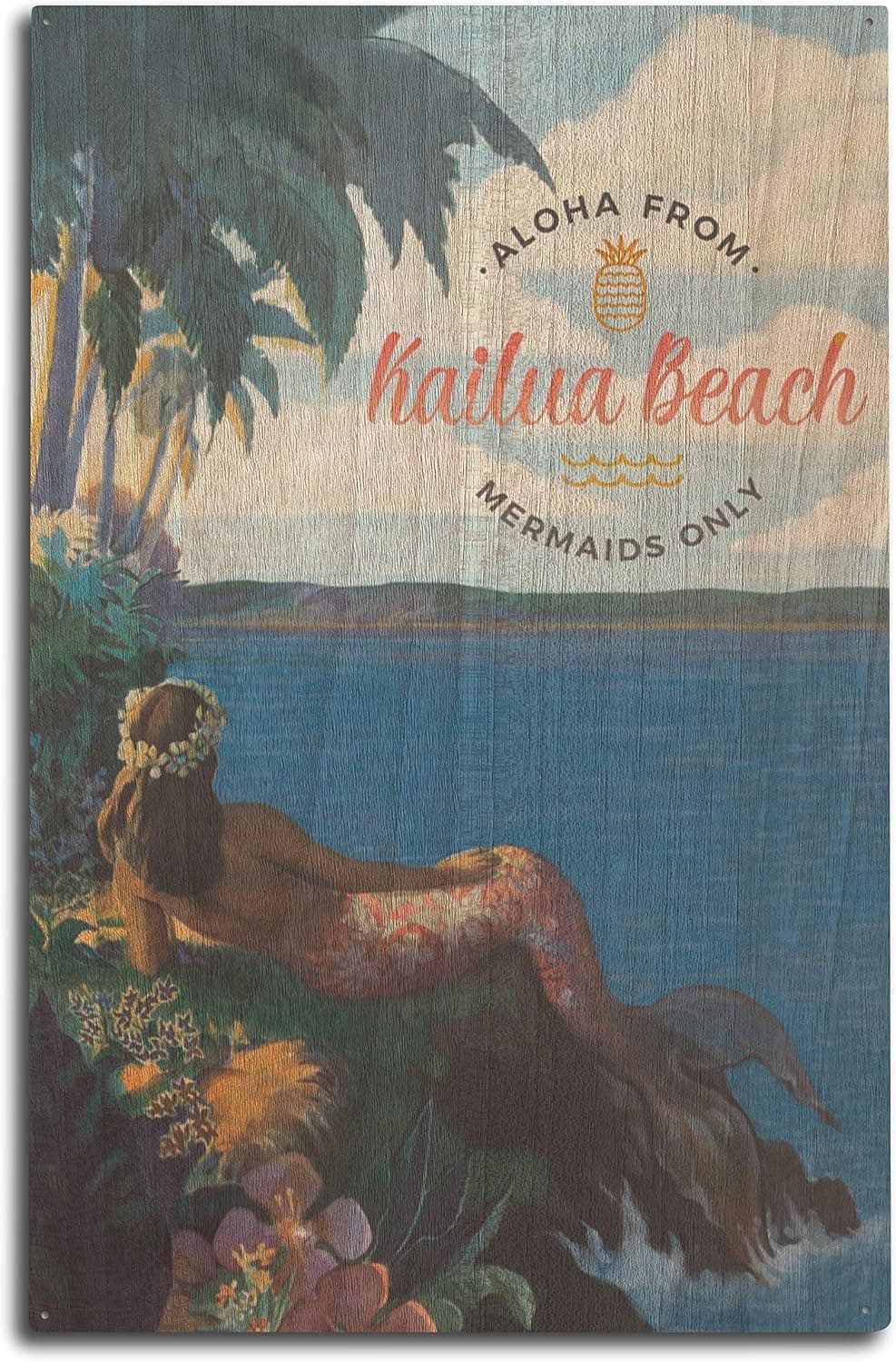 Kailua, Hawaii, Tropical Mermaid, Watercolor Birch Wood Wall Sign (10x15 Rustic Home Decor, Ready to Hang Art)
