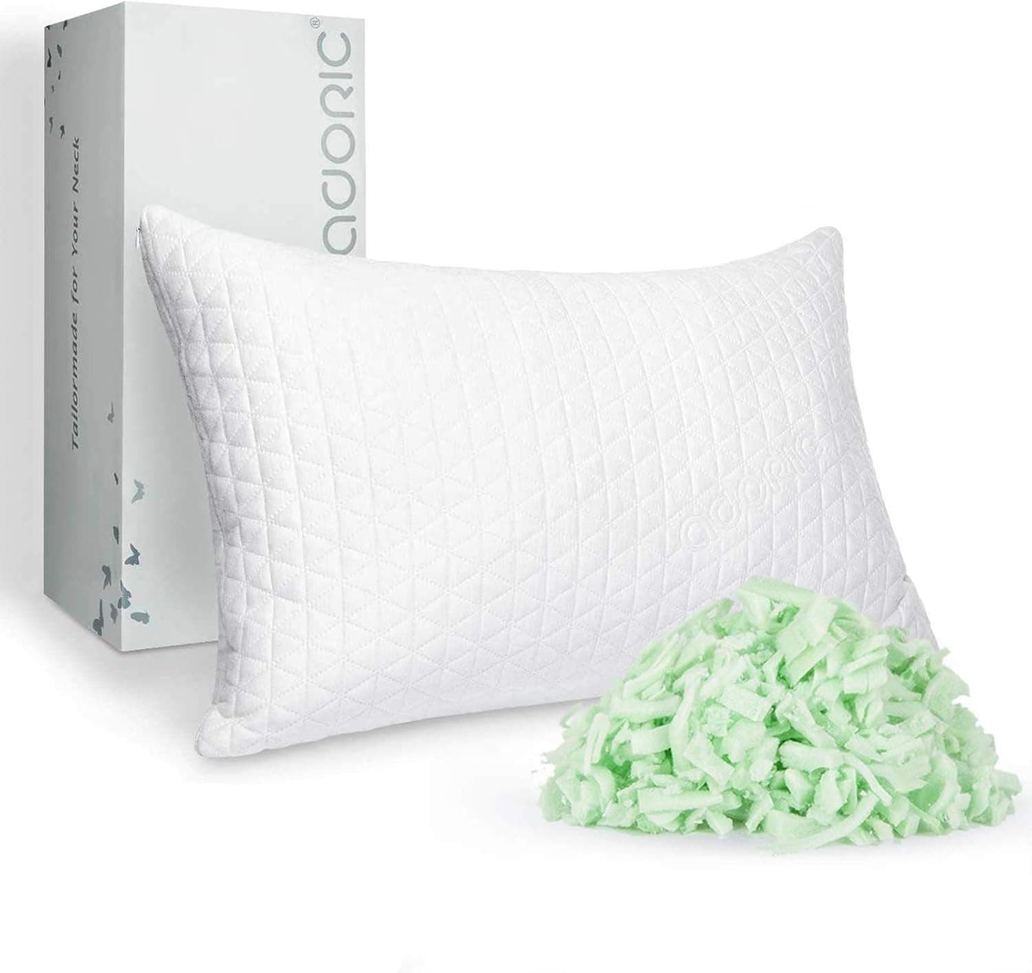 Adoric Memory Foam Pillow, Queen Size Pillows for Sleeping for Side Back Sleepers Cervical Pillow Shredded Memory Foam Pillow with Washable Removable Cover White