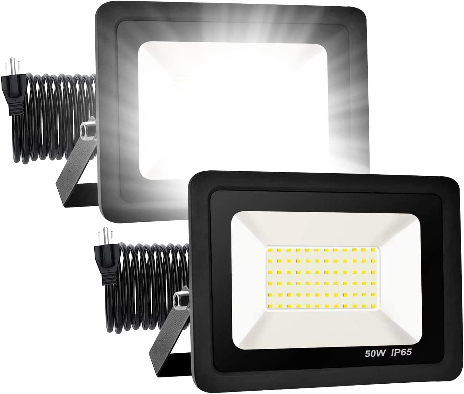 UNUSROOM 2 Pack 50W LED Flood Light Outdoor, 7000LM LED Work Lights,6500K Outdoor Floodlights, IP65 Waterproof,Plug in Flood Light, 6500K Daylight White Plug in Security Light for Yard Lawn Garden