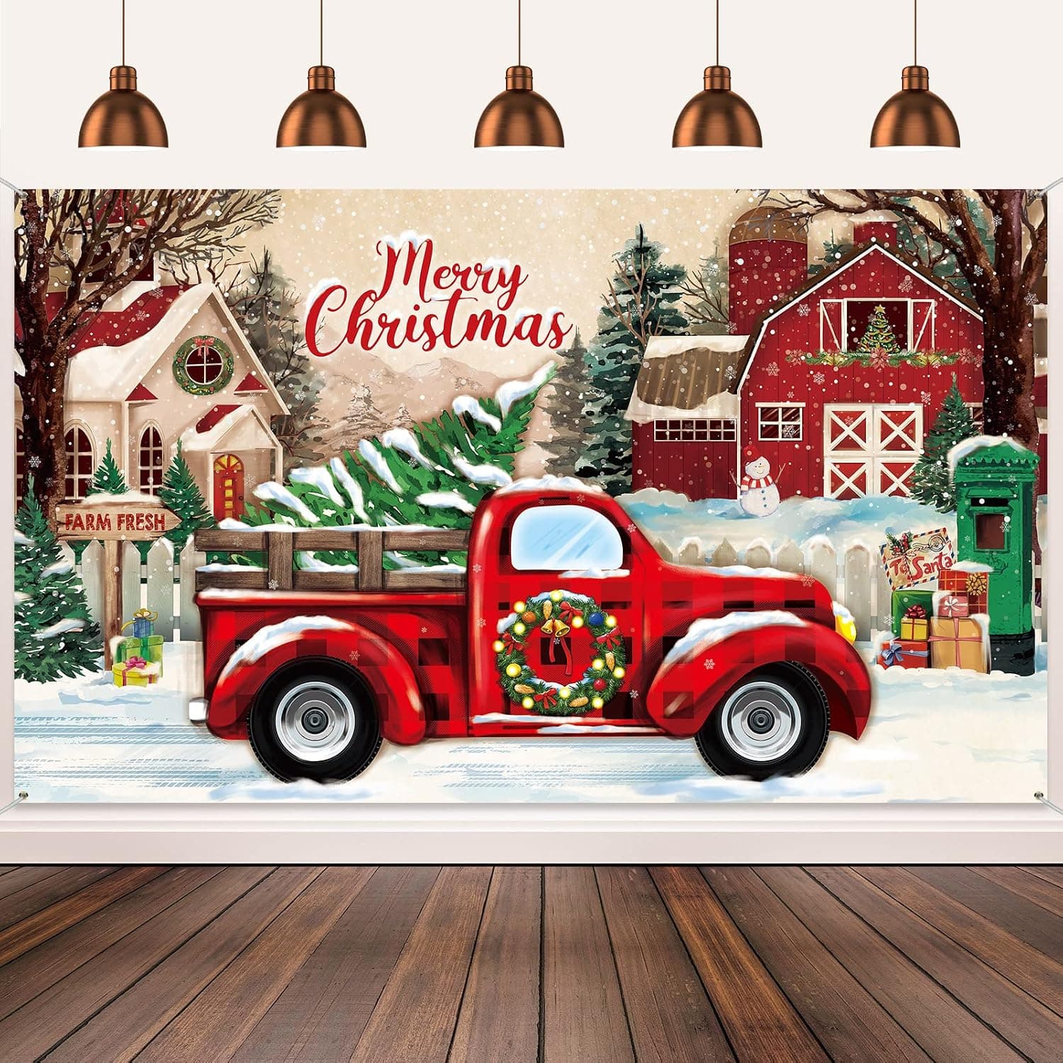 Christmas Red Truck Banner Backdrop, Vintage Holiday Party Background Decorations for Photography, Xmas Tree Red Black Buffalo Plaid Photo Booths Wall Hanging Decor for Home Studio, 72.8 x 43.3 Inch