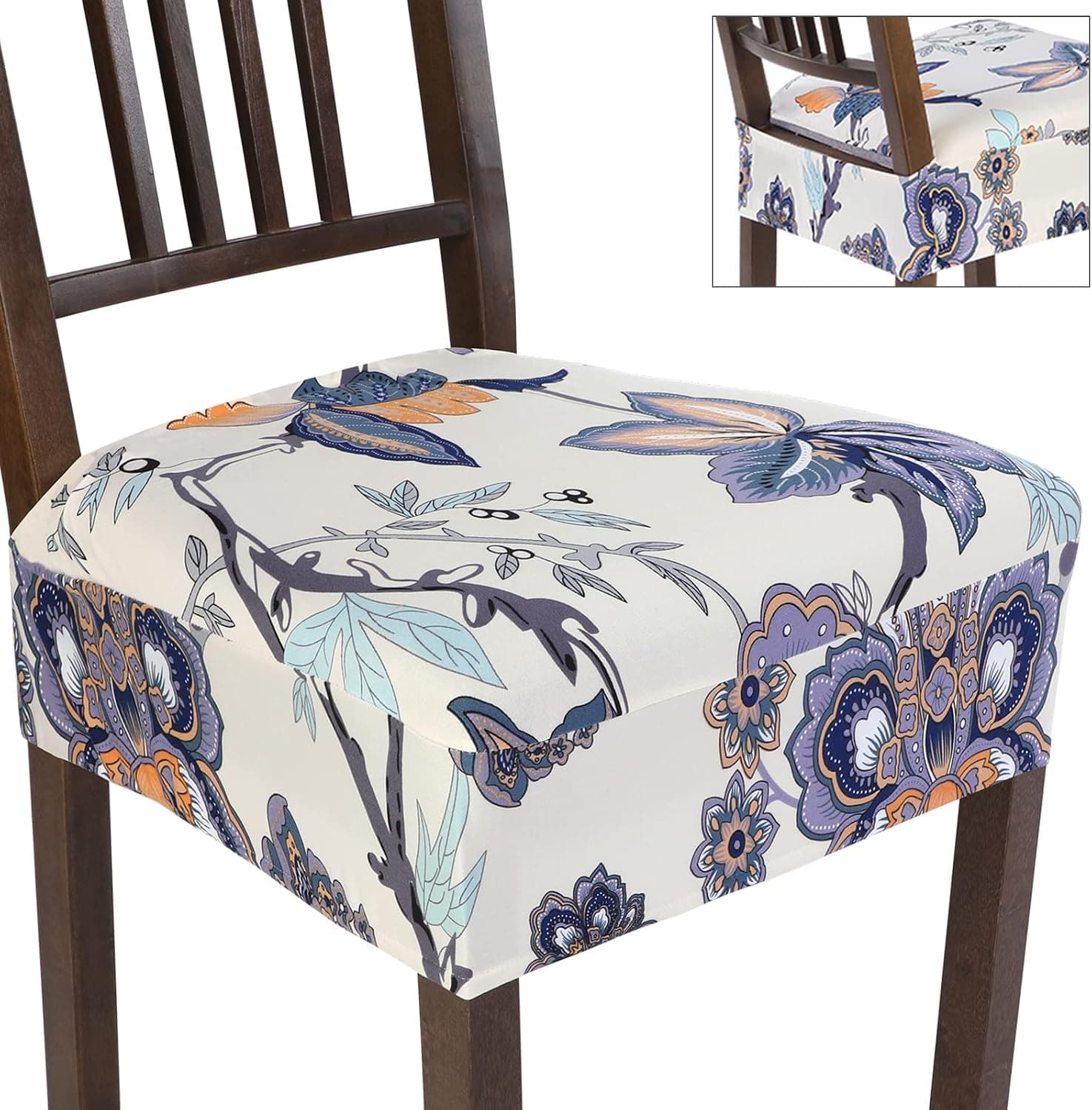 SearchI Chair Seat Covers for Dining Room, Stretch Removable Washable Chair Seat Protector Slipcovers Cushion Covers for Kitchen, Office Fast Installation(Set of 4, Beige/Blue)