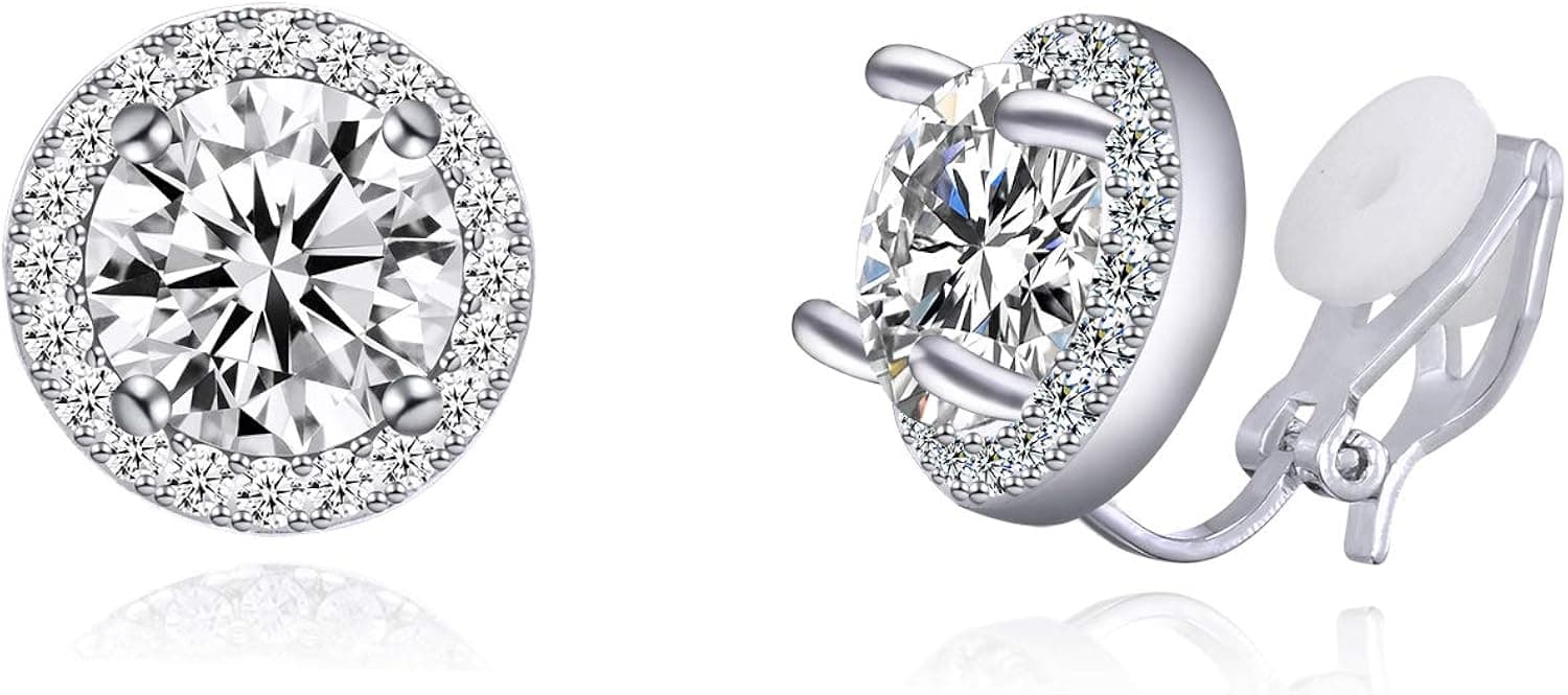 YOQUCOL Bright 8MM(0.3IN),10MM(0.4IN) Cubic Zirconia Crystal Clip On Stud Earrings Round Non-Pierced Earrings For Women Girls
