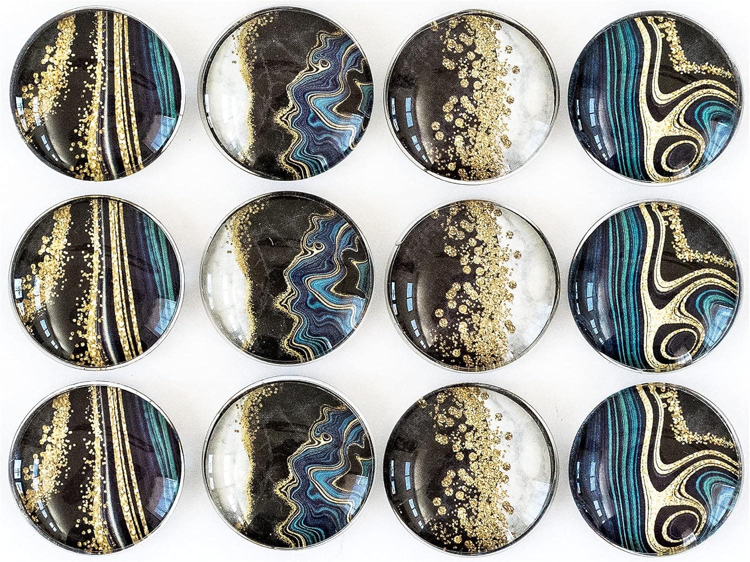 Golden Blue Vein Granite Fridge Magnets, 12 Pcs Round Glass Refrigerator Magnets, Locker Accessories, Cute Magnets for Whiteboard, Locker Magnets, Decorative Magnets for Fridge, Stainless Steel Safe