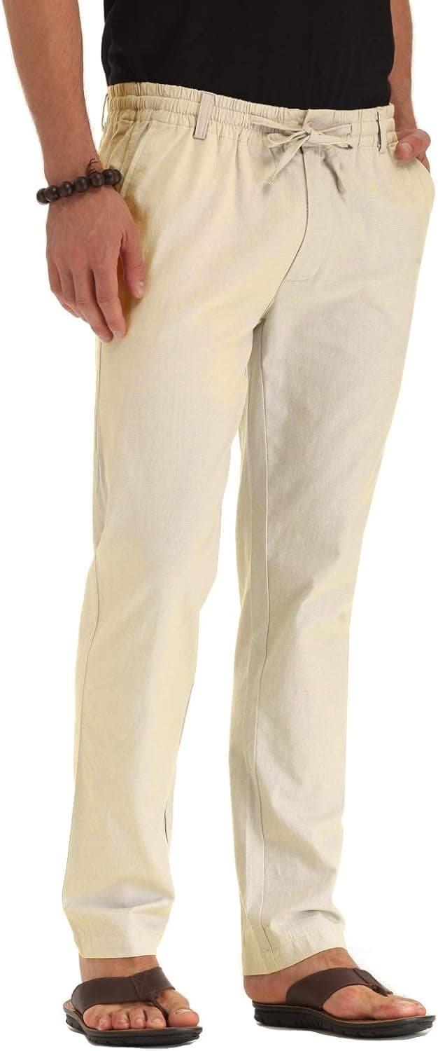 ZYFMAILY Men's Casual Beach Trousers Linen Summer Pant Beige-US 32
