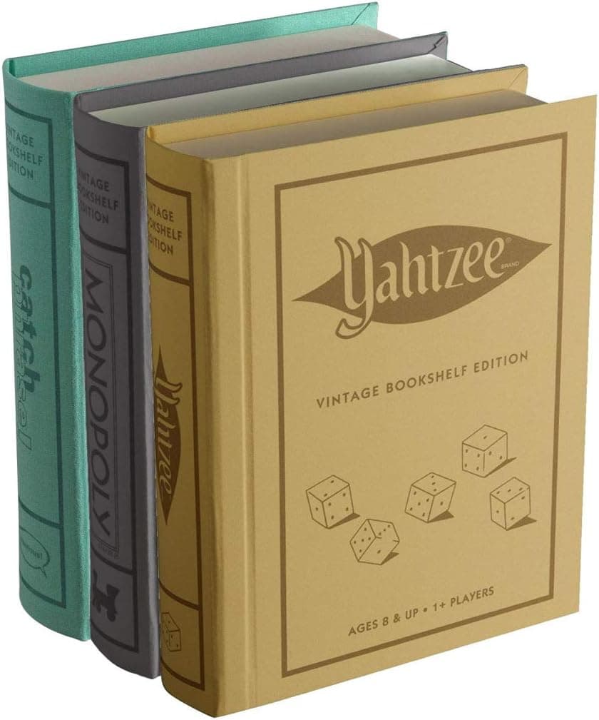 WS Game Company Monopoly, Yahtzee, and Catch Phrase Vintage Board Game Bookshelf Collection
