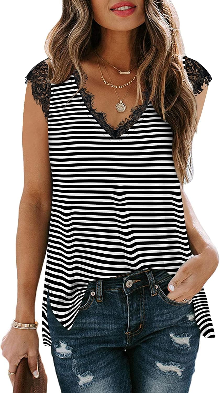 XIEERDUO Women's Summer Tank Top Lace Sleeveless V Neck T Shirts with Side Split
