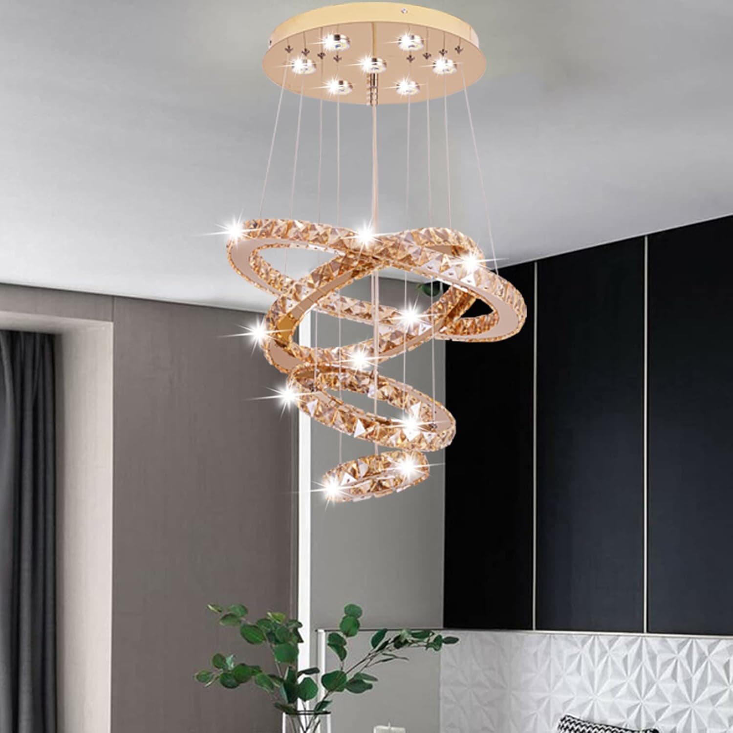 HONGMAO Modern Crystal Chandeliers LED Chandelier Adjustable Stainless Steel Ceiling Lights Rings Round Pendant Lighting for Living Room Dining Room & Bedroom (4 Rings, Gold)