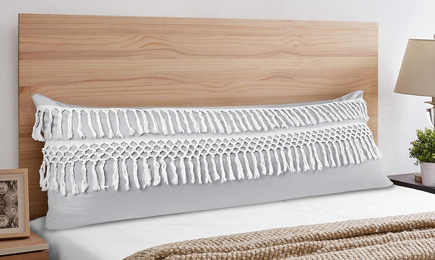 KB & Me Boho Bohemian Macrame Tassel Grey and White Accent Decorative Couch Long Throw Zipper Body Pillow Cover Case 54x20 Gray Cotton Fringe Knit Luxury Farmhouse Textured Rustic Tufted Room Decor