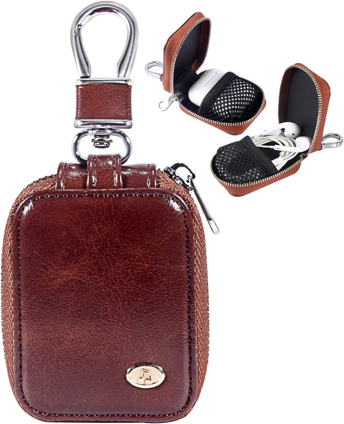 MRPLUM Earbud Carrying Case Small Compatible with AirPods PU Leather Hard Portable Earphone Case Protective Storage Pouch Bag with Mesh Pocket & Keychain for Wireless Headphone USB Cable (Brown)