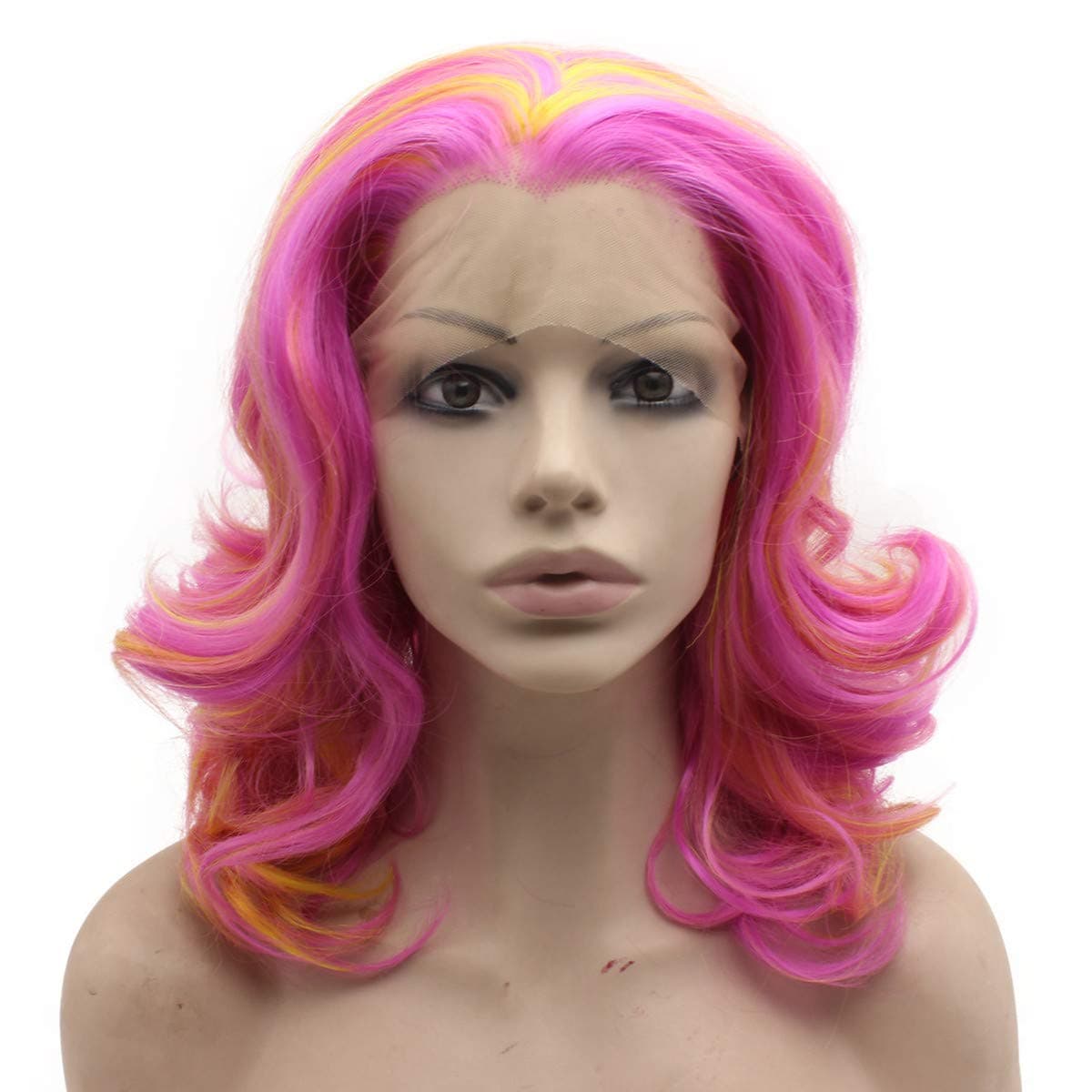 Mxangel Shoulder Length Pink With Yellow Highlights Synthetic Lace front Cosplay Wig