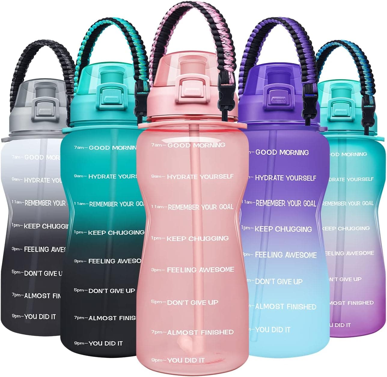 Giotto Large 1 Gallon/64 oz Motivational Water Bottle with Paracord Handle & Removable Straw - Leakproof Fitness Sports Water Jug with Time Marker