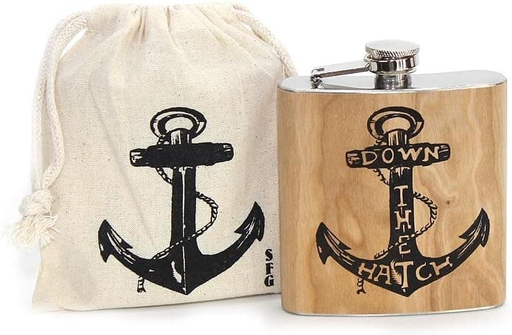 Down The Hatch, Anchor Hand Wrapped in Wood Stainless Steel Flask