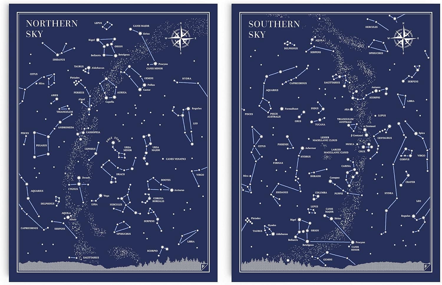 FOLLYGRAPH Little and Big Astronomer Prints - 12x16 -Map of The Sky Constellations Posters: Northern Sky, Southern Sky
